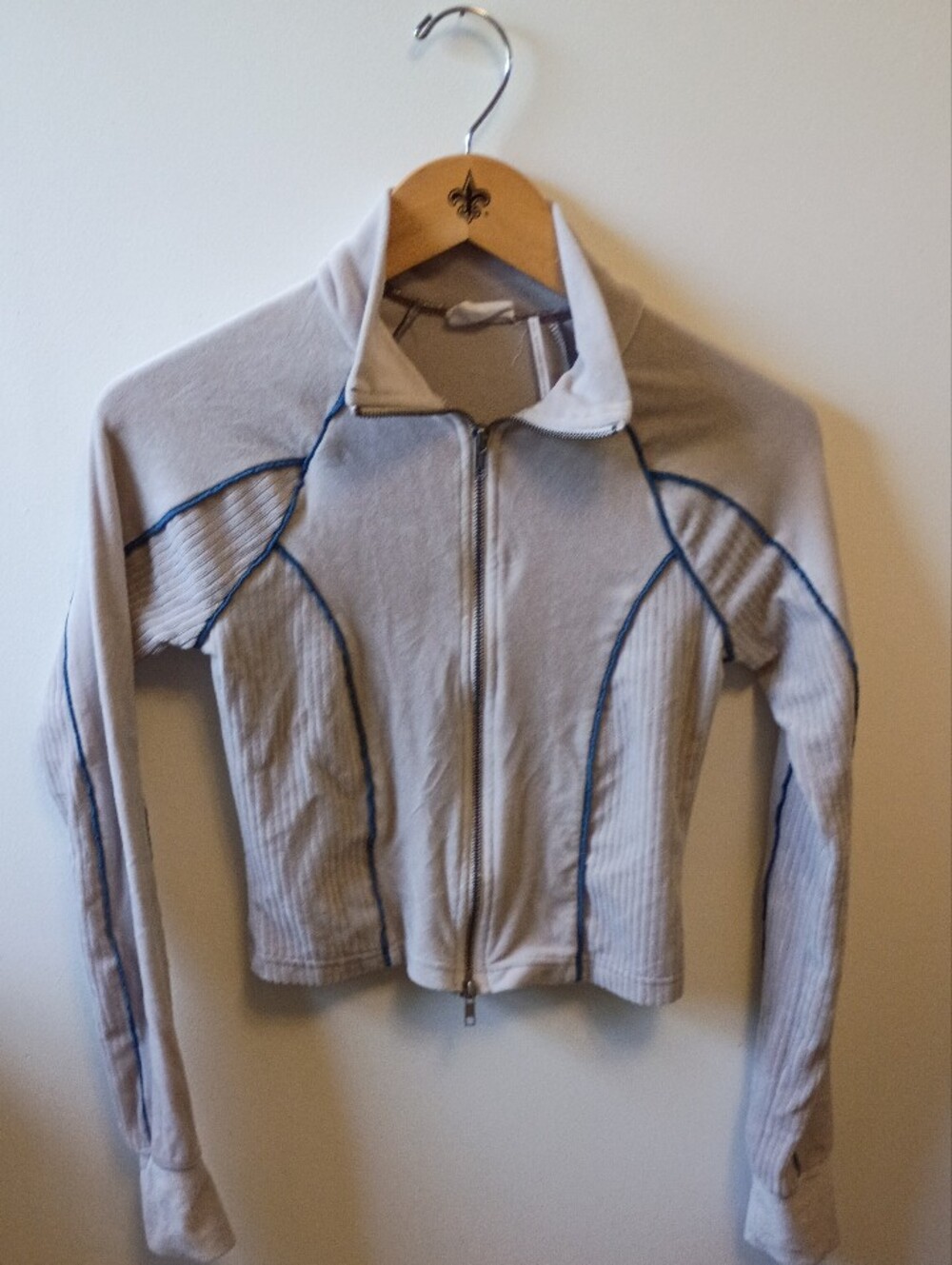 Out From Under Light Gray Women's Zip-Front Bomber Jacket with Blue Piping
